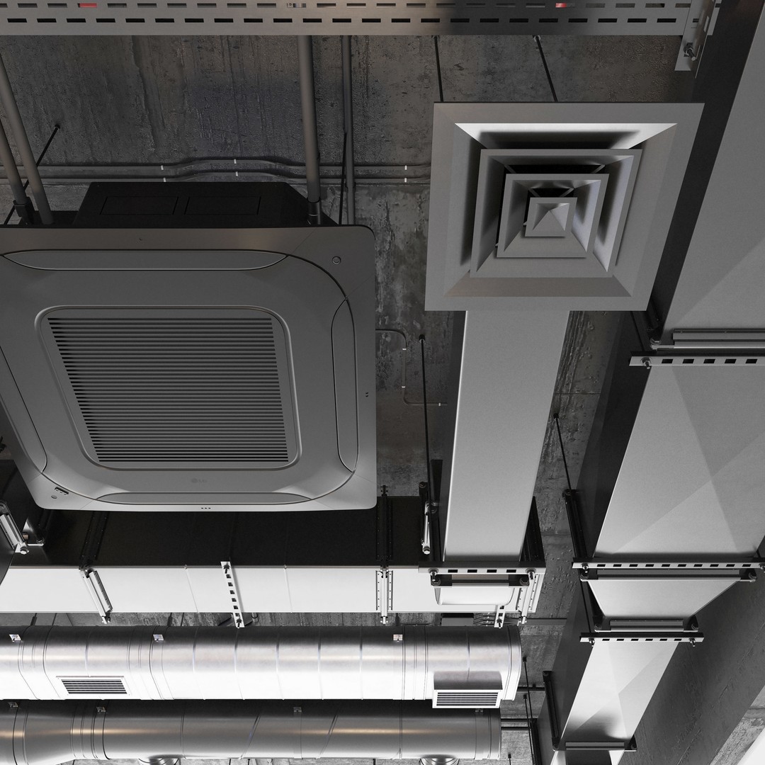 Ventilation System 3D Model – Multi-Colored Ducts and Ceilings, FBX - View 4