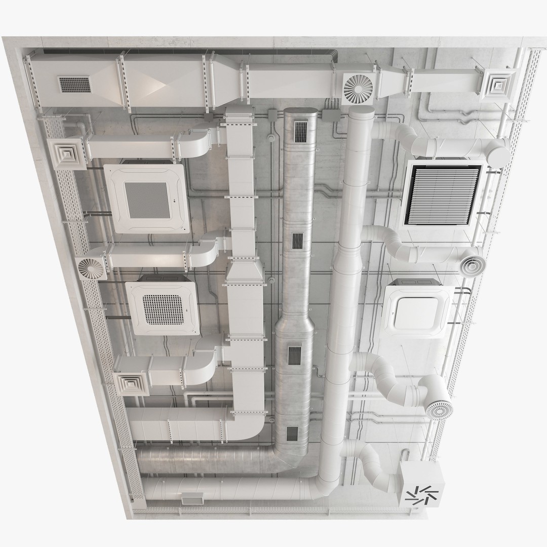 Ventilation System 3D Model – Multi-Colored Ducts and Ceilings, FBX - View 7