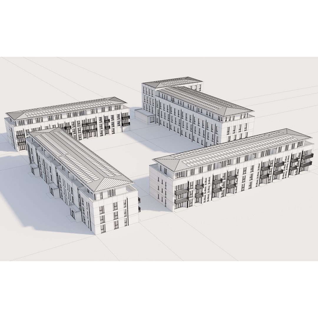 German Housing Complex 3D Model – Modern Minimalist Design, PBR Textures