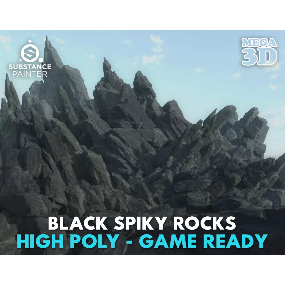 Black Spiky Modular Rock 3D Model – High Poly Game Asset, FBX - View 2