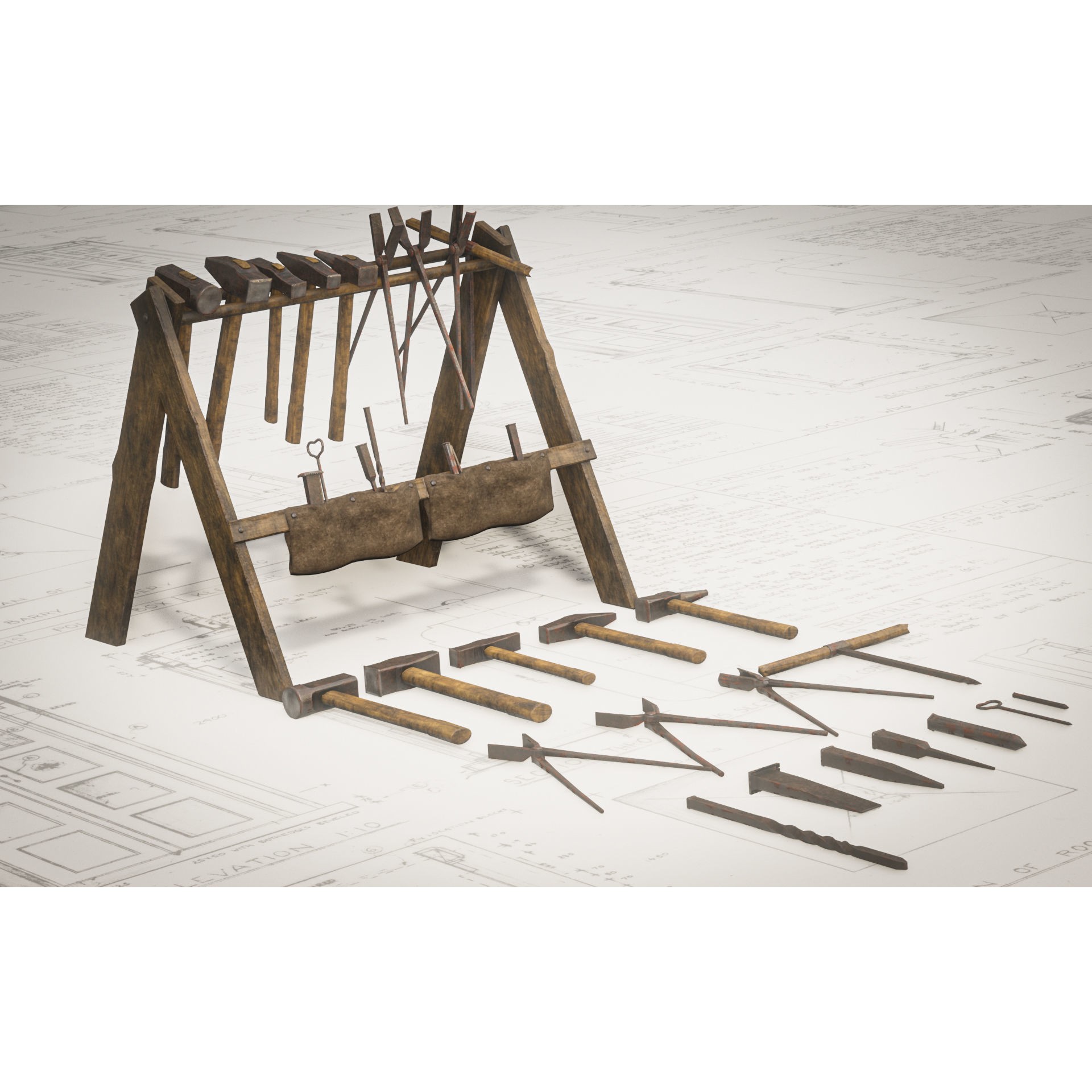 Blacksmith Tools Set - Low-Poly Game-Ready 3D Model - View 4
