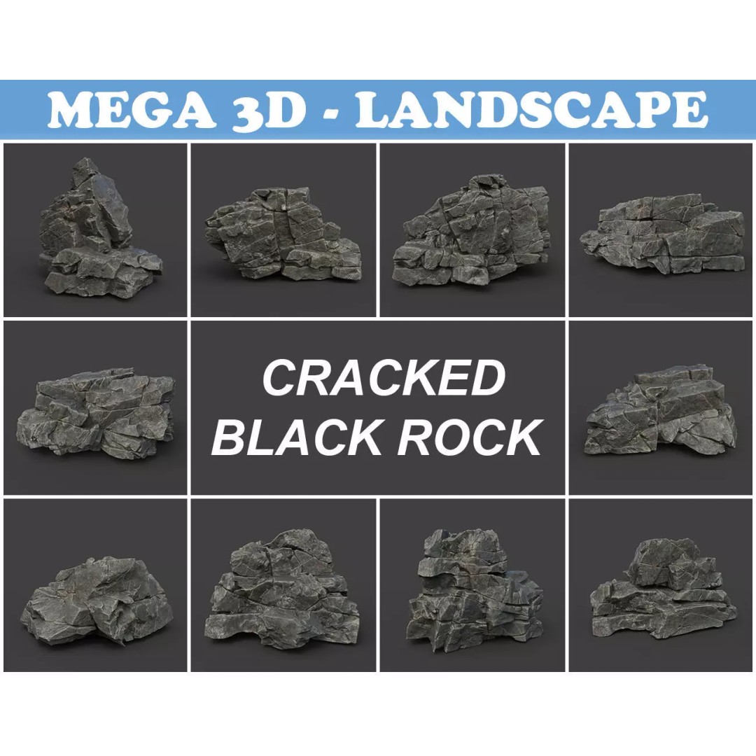 Cracked Black Rock 3D Model – Low Poly Landscape Asset, FBX, OBJ - View 2