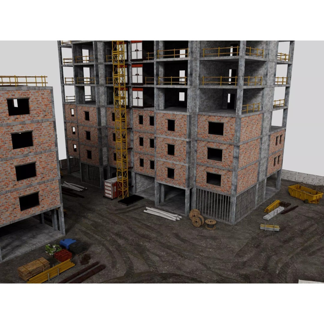 High Rise Construction Site 3D Model – Low Poly Twin Building Asset, FBX - View 10