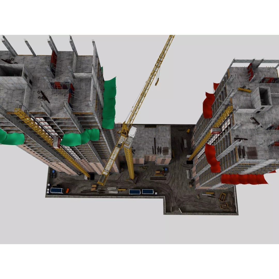 High Rise Construction Site 3D Model – Low Poly Twin Building Asset, FBX - View 11