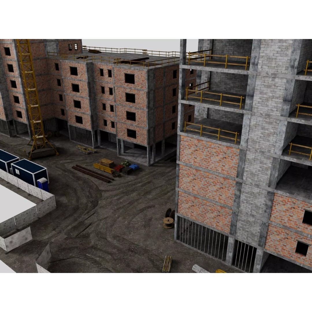 High Rise Construction Site 3D Model – Low Poly Twin Building Asset, FBX - View 13