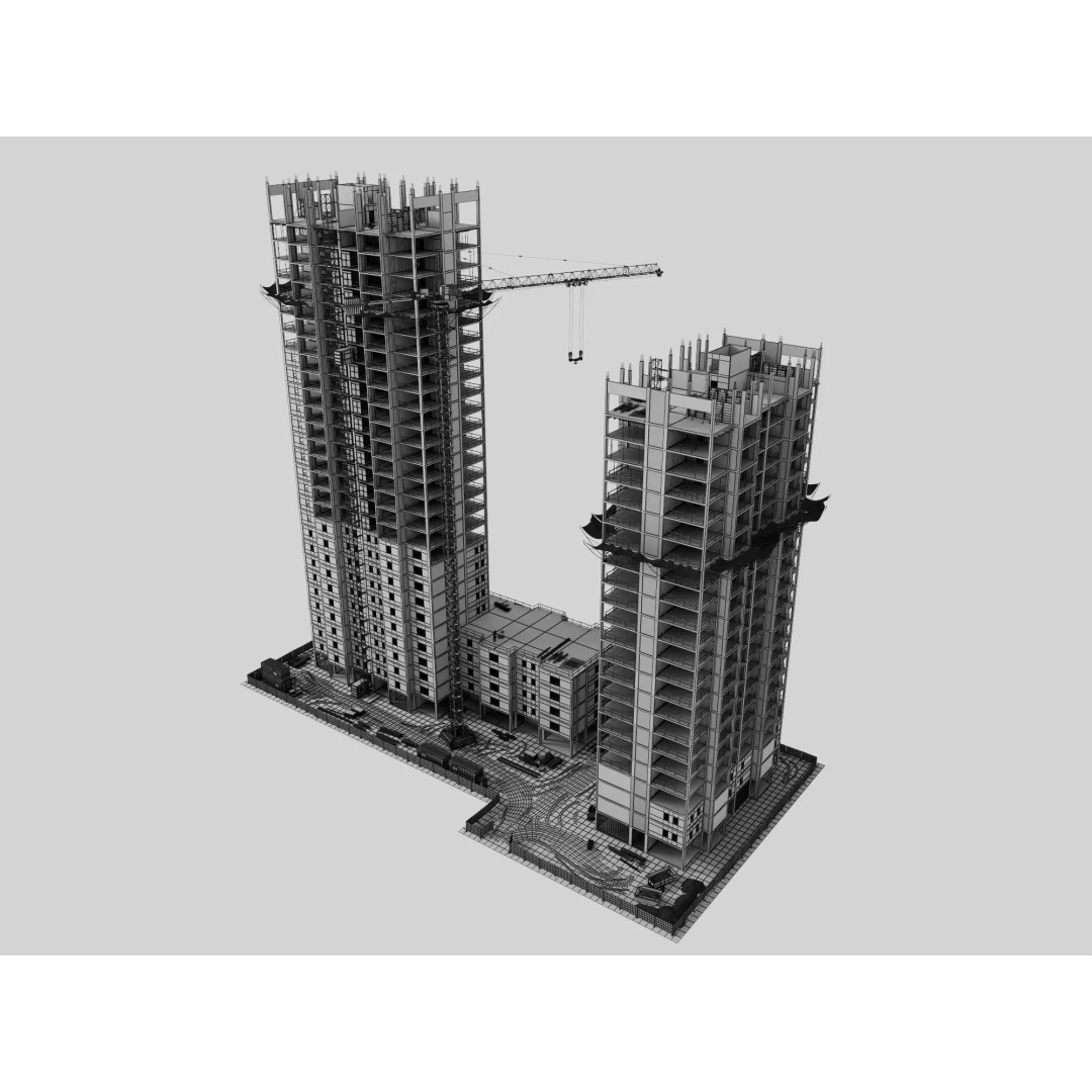 High Rise Construction Site 3D Model – Low Poly Twin Building Asset, FBX - View 14