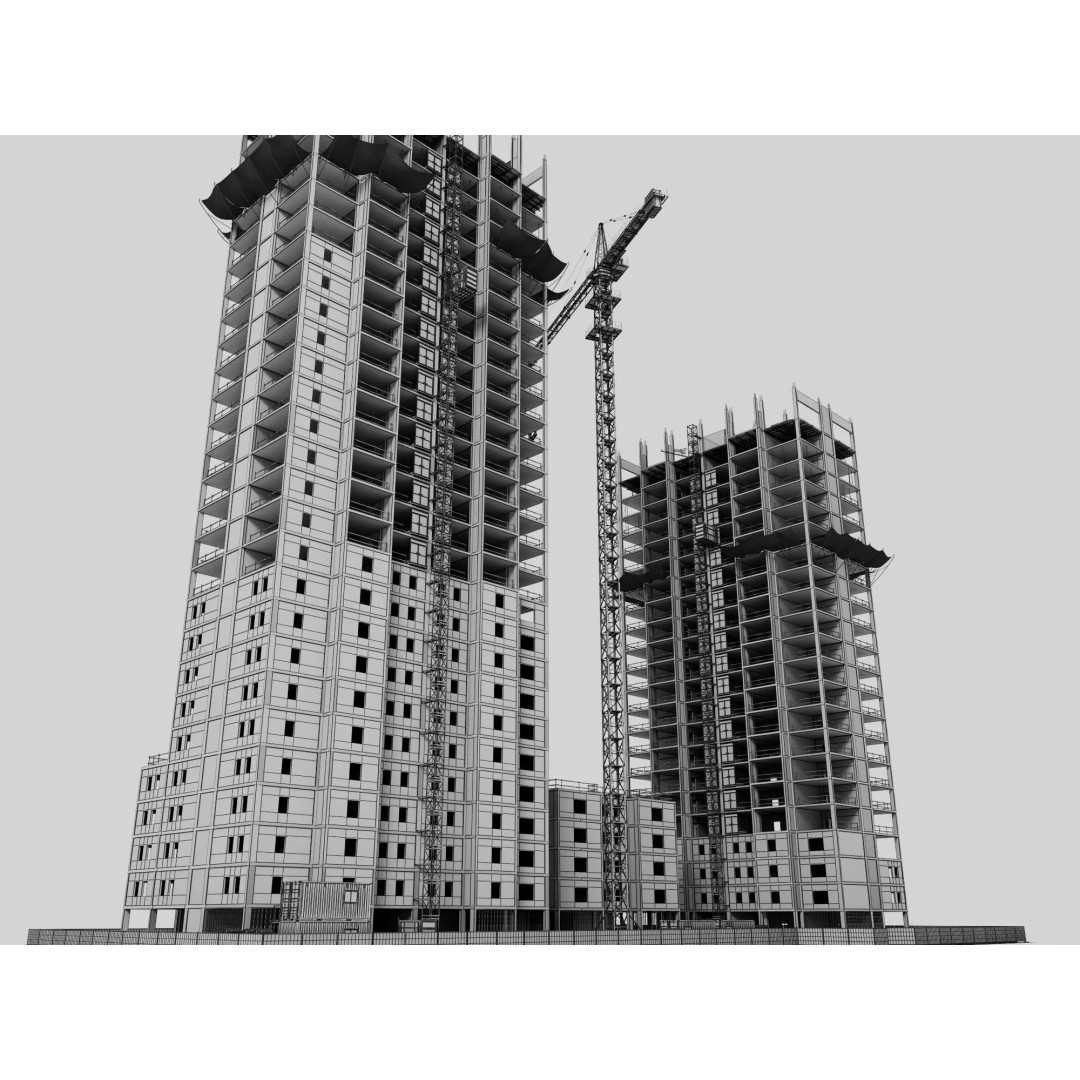 High Rise Construction Site 3D Model – Low Poly Twin Building Asset, FBX - View 15