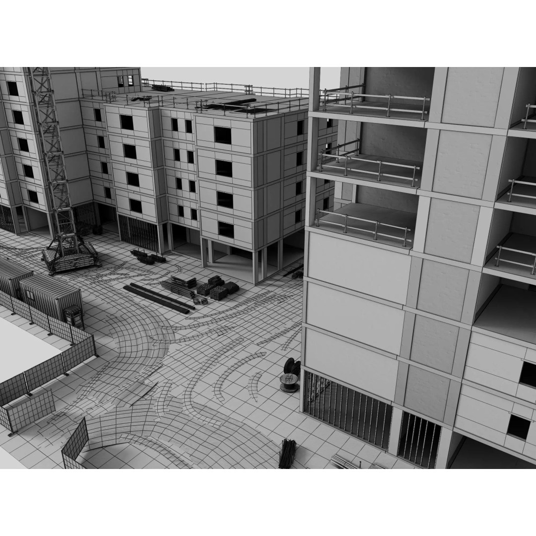 High Rise Construction Site 3D Model – Low Poly Twin Building Asset, FBX - View 16