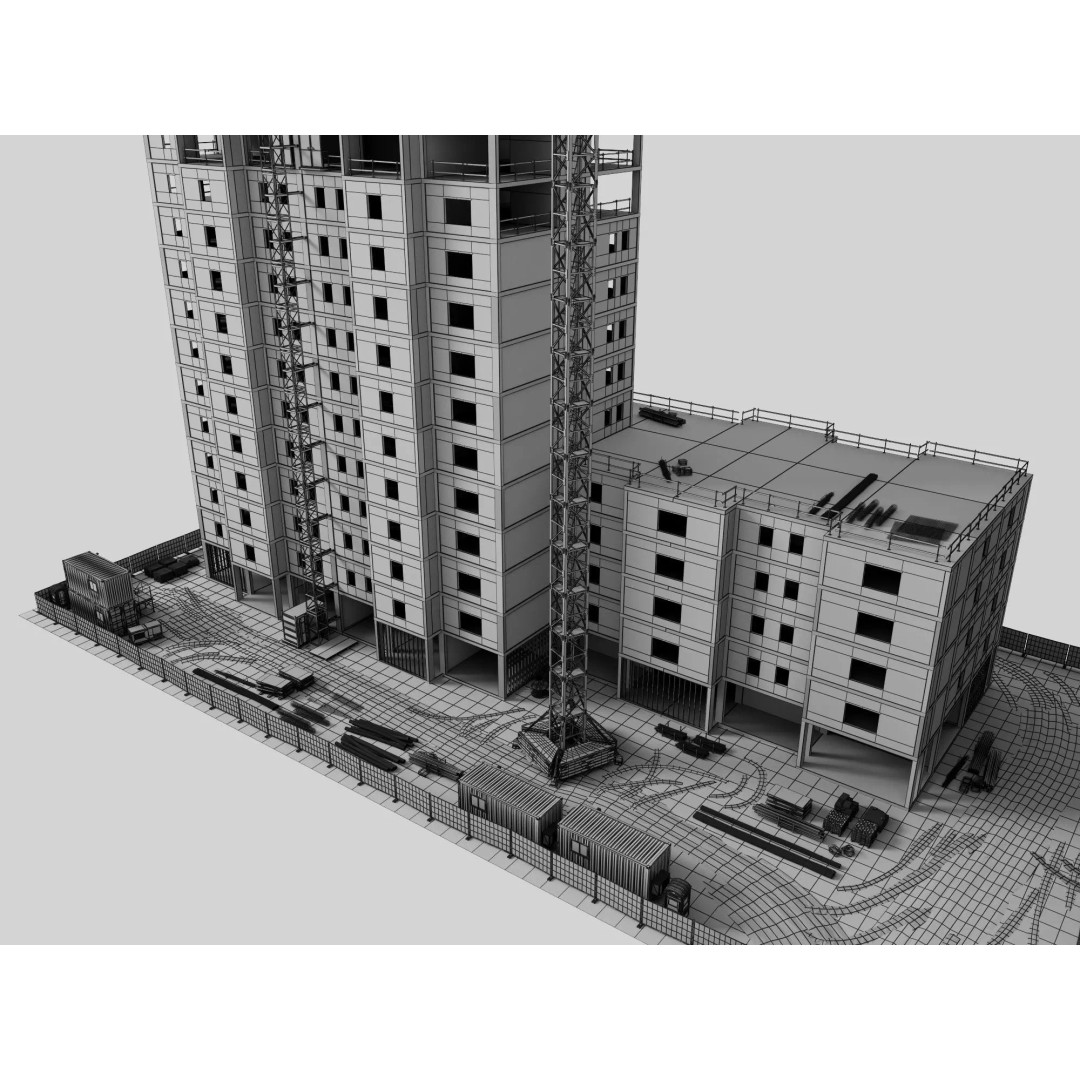 High Rise Construction Site 3D Model – Low Poly Twin Building Asset, FBX - View 18