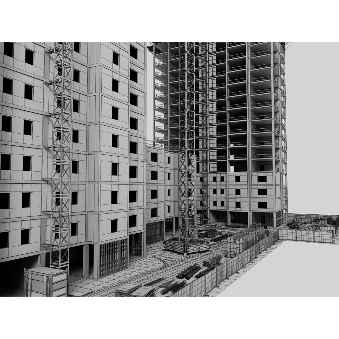High Rise Construction Site 3D Model – Low Poly Twin Building Asset, FBX - View 19