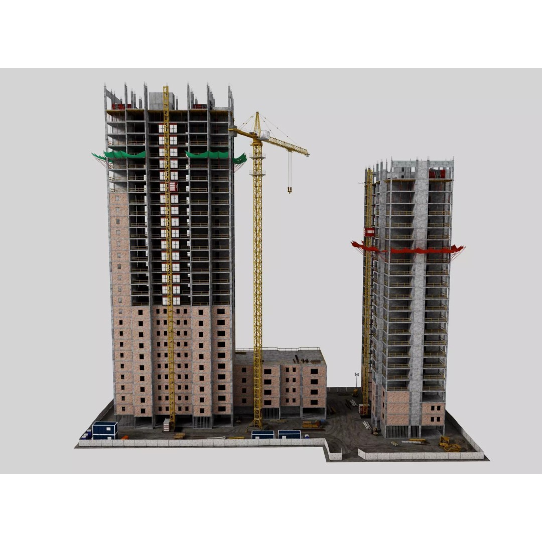 High Rise Construction Site 3D Model – Low Poly Twin Building Asset, FBX - View 2