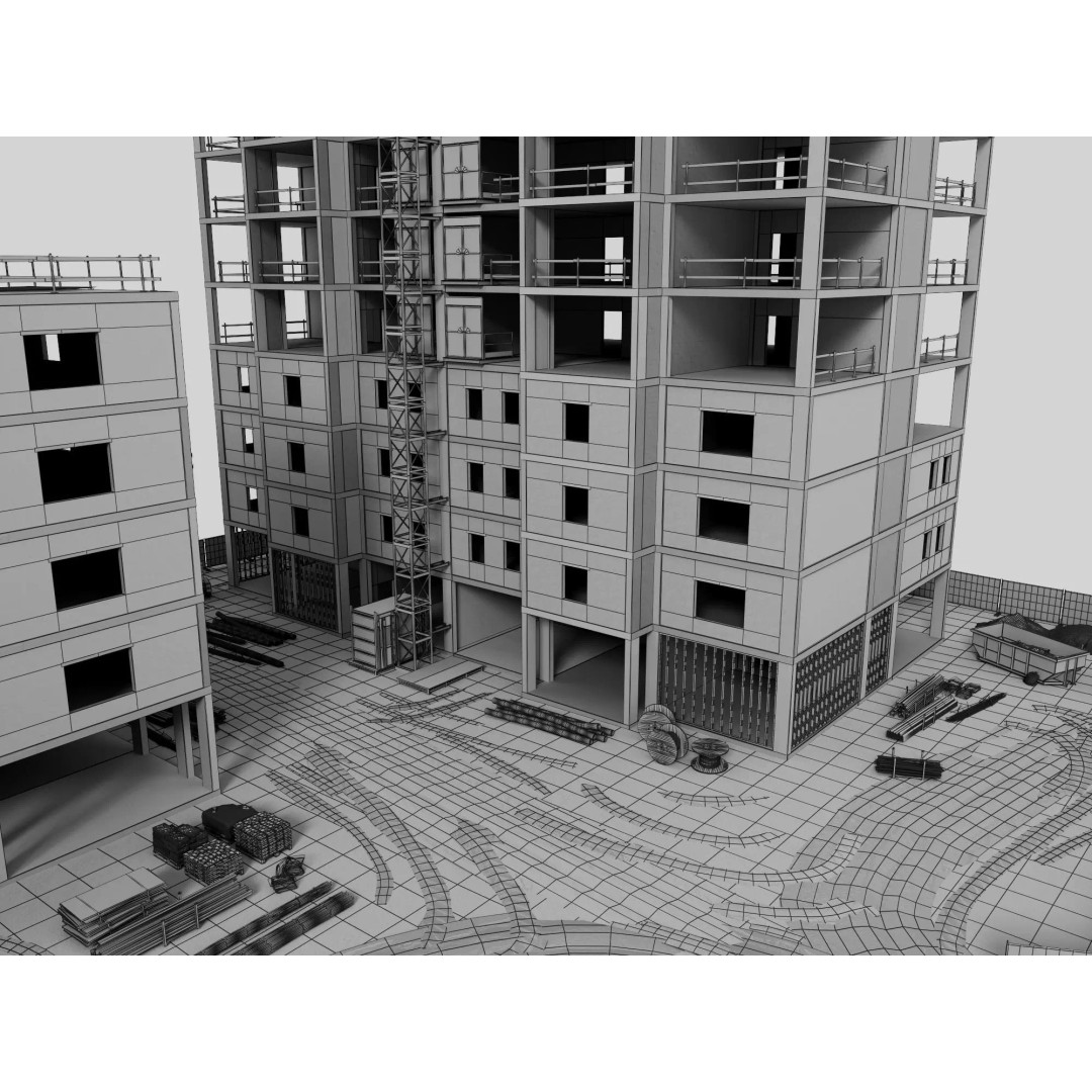 High Rise Construction Site 3D Model – Low Poly Twin Building Asset, FBX - View 22