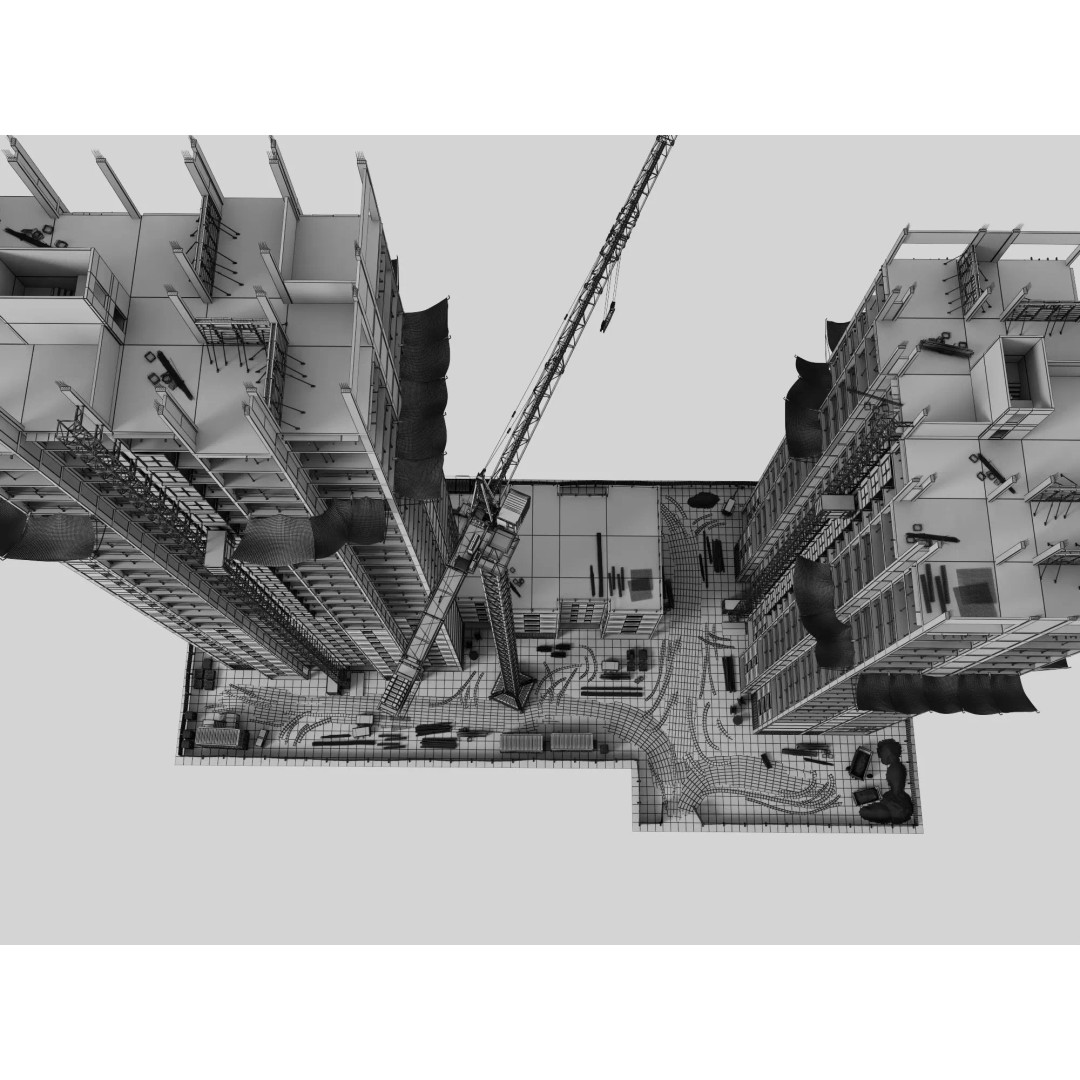 High Rise Construction Site 3D Model – Low Poly Twin Building Asset, FBX - View 24