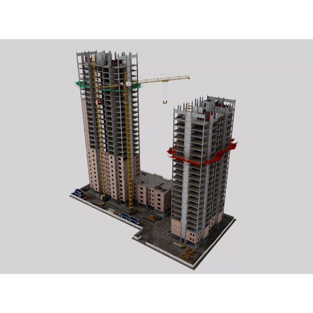 High Rise Construction Site 3D Model – Low Poly Twin Building Asset, FBX - View 3
