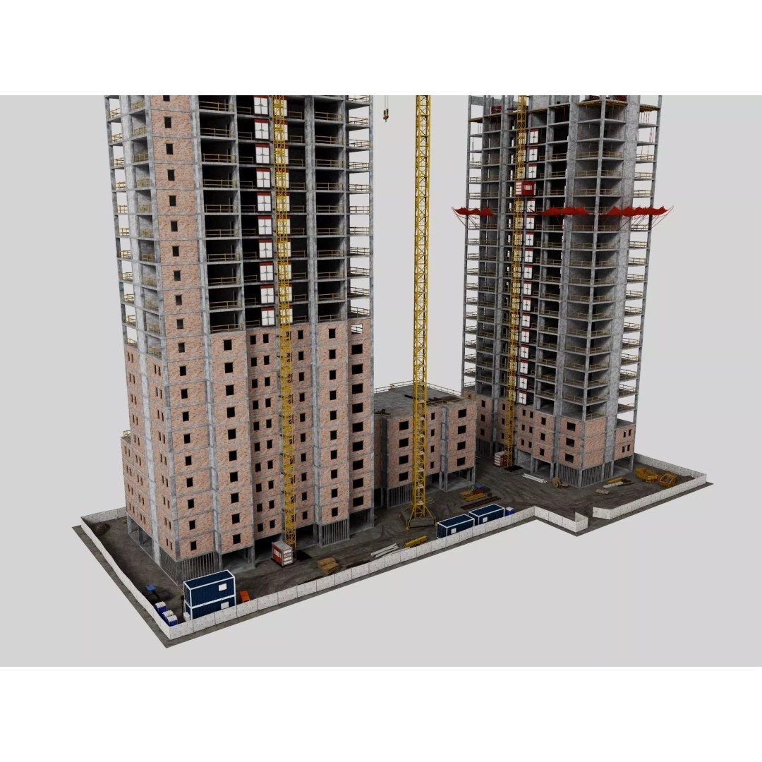 High Rise Construction Site 3D Model – Low Poly Twin Building Asset, FBX - View 4