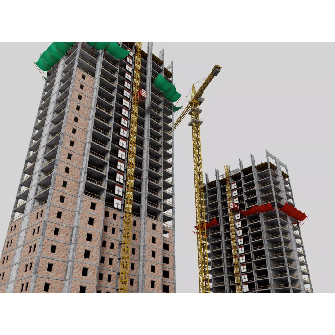 High Rise Construction Site 3D Model – Low Poly Twin Building Asset, FBX - View 5