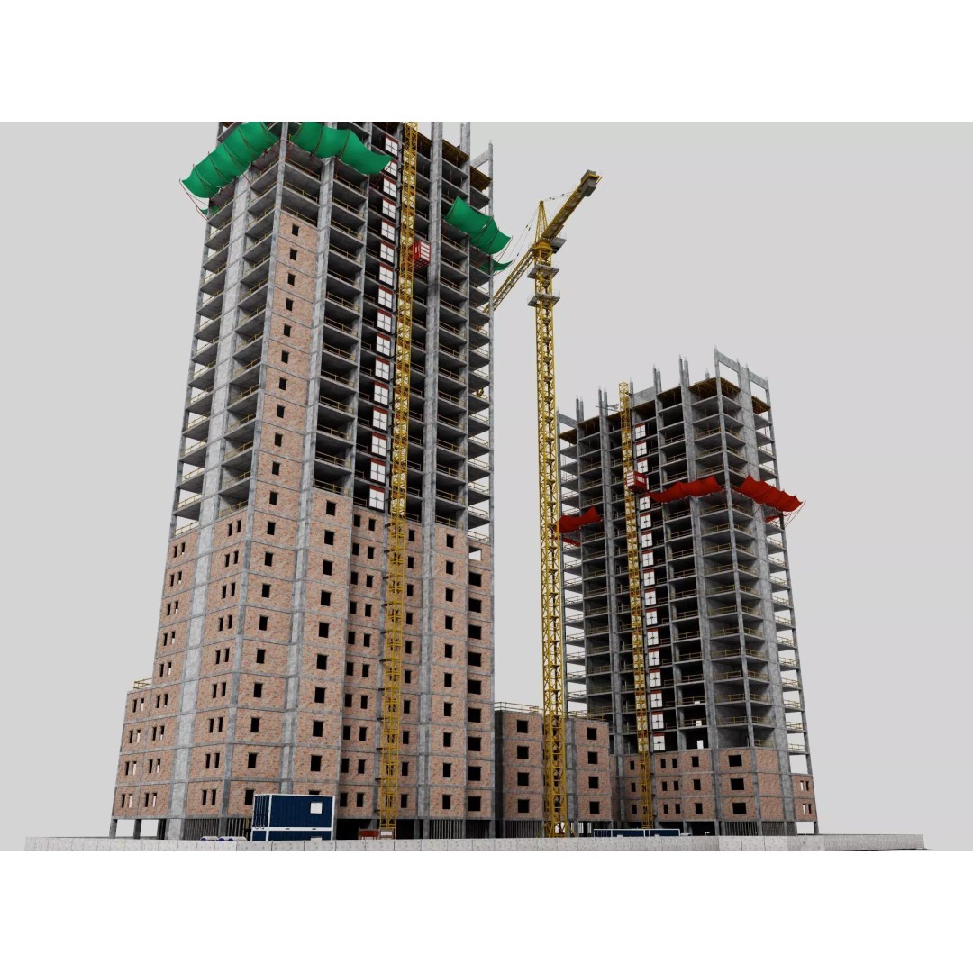 High Rise Construction Site 3D Model – Low Poly Twin Building Asset, FBX - View 6