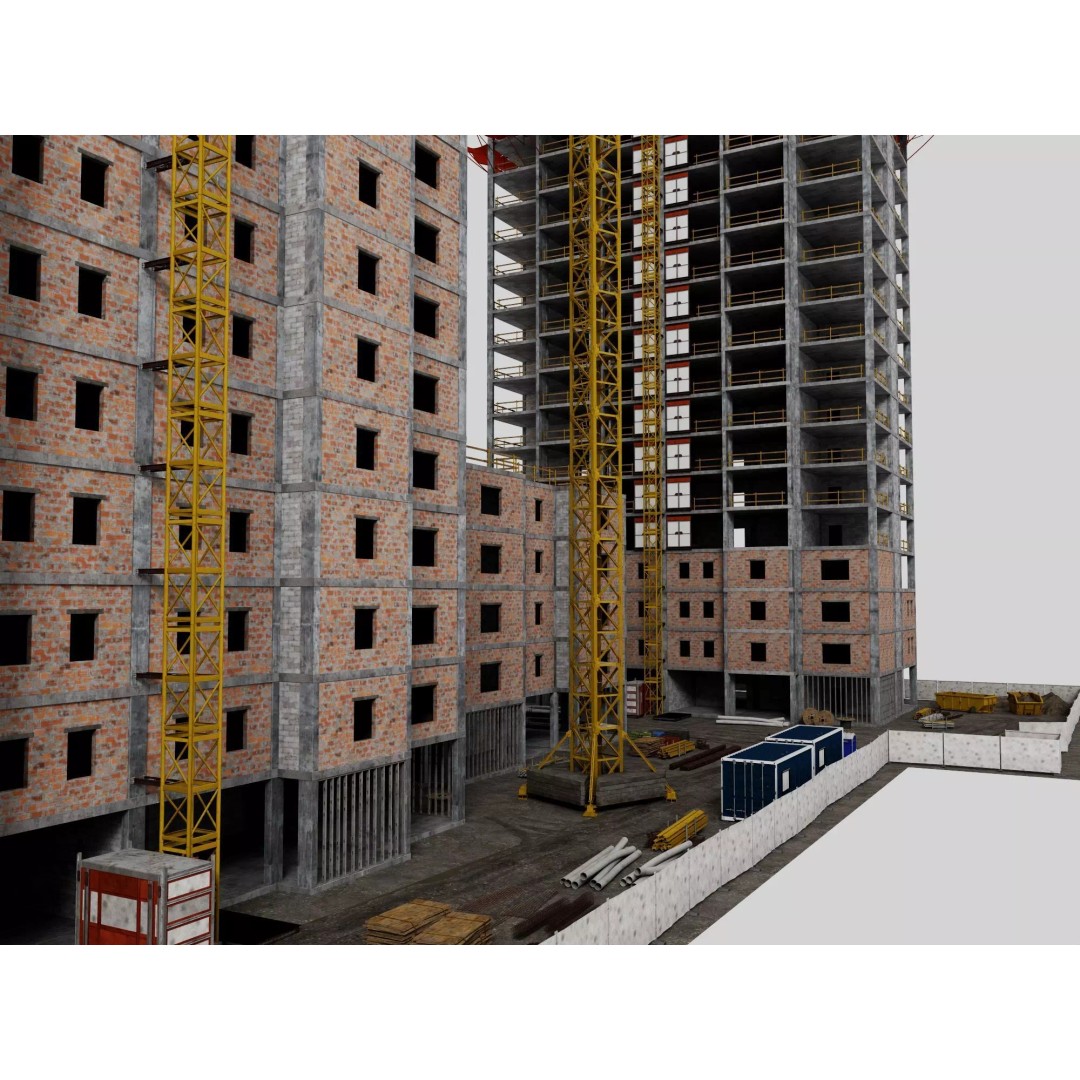 High Rise Construction Site 3D Model – Low Poly Twin Building Asset, FBX - View 7