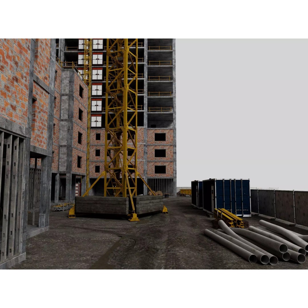 High Rise Construction Site 3D Model – Low Poly Twin Building Asset, FBX - View 9