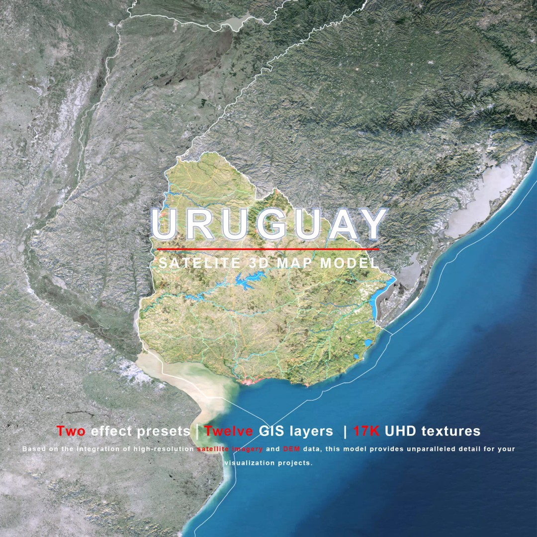 Uruguay Map 3D Model – Realistic Satellite Terrain, FBX & OBJ - View 2