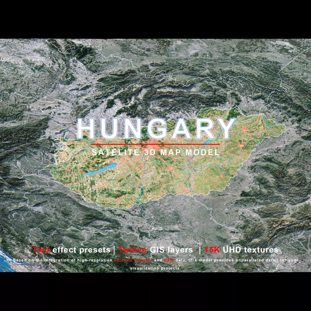 Hungary Map 3D Model – Realistic Satellite Terrain, 15K Textures - View 2