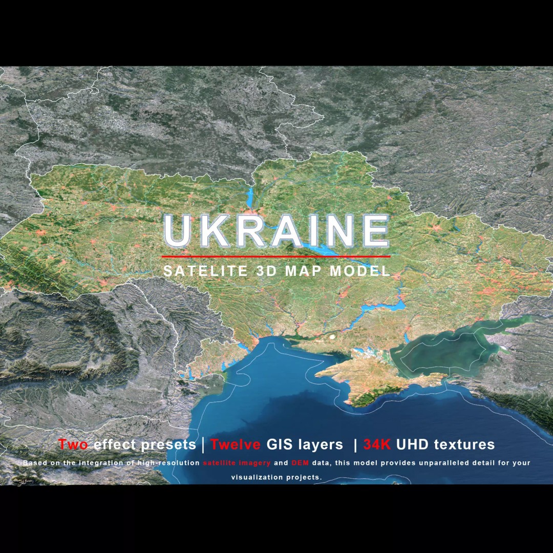 Ukraine Map 3D Model – Realistic Satellite Terrain, FBX, OBJ - View 2