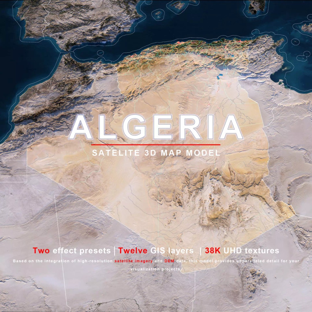 Algeria Map 3D Model – Realistic Satellite Terrain, 38K Textures - View 2