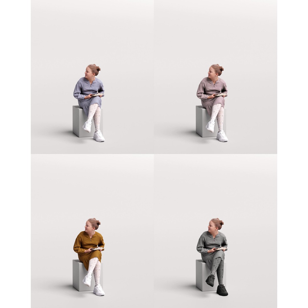 Young Girl 3D Model – Realistic Sitting Character, PBR Textures