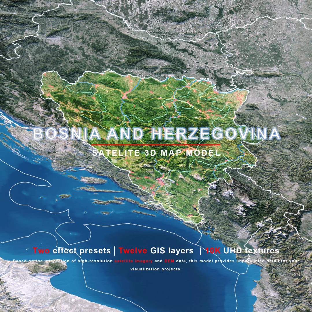 Bosnia And Herzegovina Map 3D Model – Realistic Terrain, 10K PBR Textures - View 2