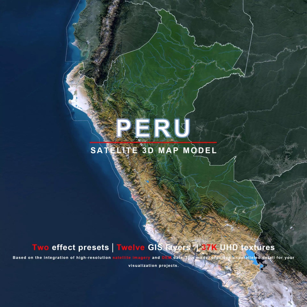 Peru Map 3D Model – Realistic Satellite Terrain with Elevation Data, FBX, OBJ - View 2
