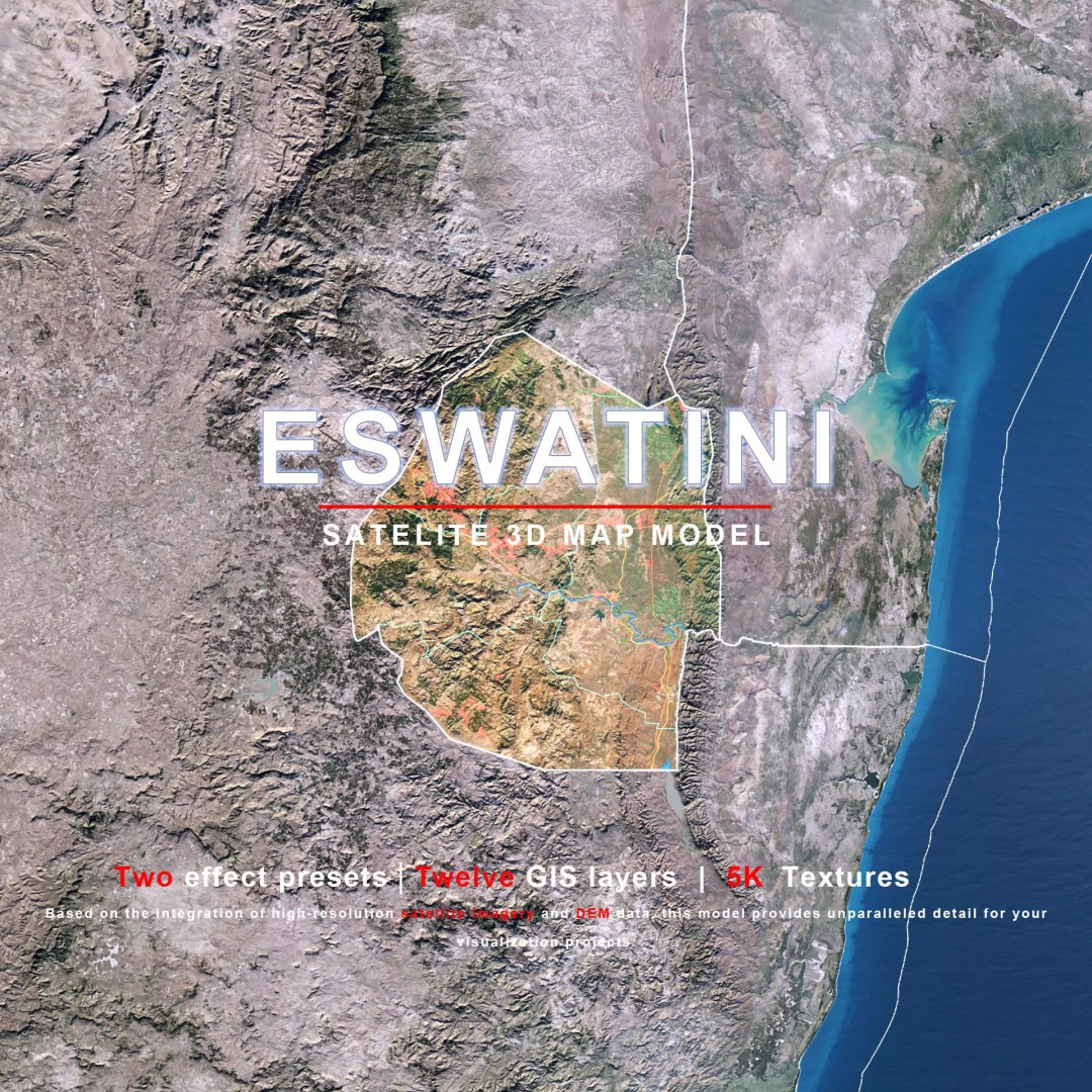 Eswatini Map 3D Model – Realistic Satellite Terrain with Textures, FBX, OBJ - View 2