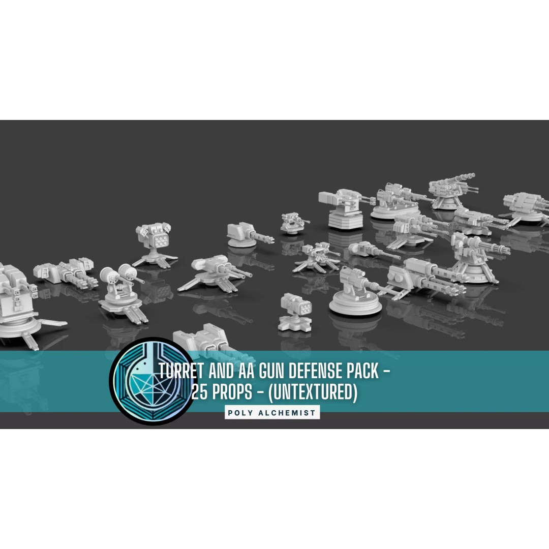 Turret and AA Gun 3D Model – Low Poly Defense Pack, FBX, OBJ - View 2