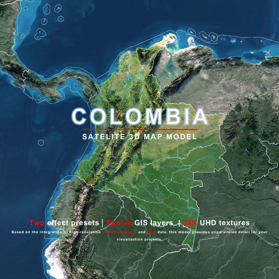 Colombia Map 3D Model – Realistic Satellite Terrain, FBX, OBJ - View 2