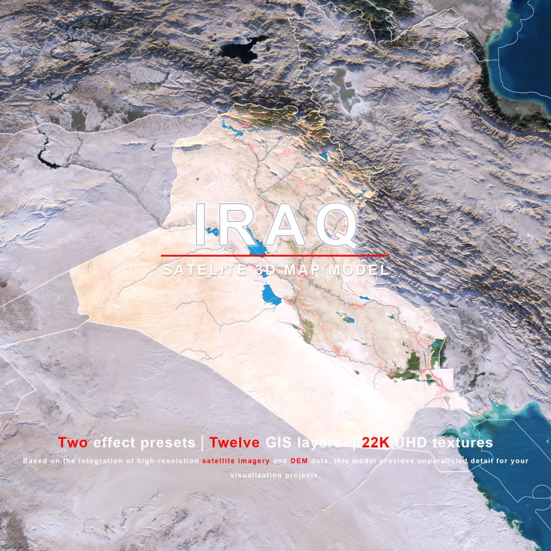 Iraq Map 3D Model – Realistic Satellite Terrain, 22K Textures, FBX, OBJ - View 2