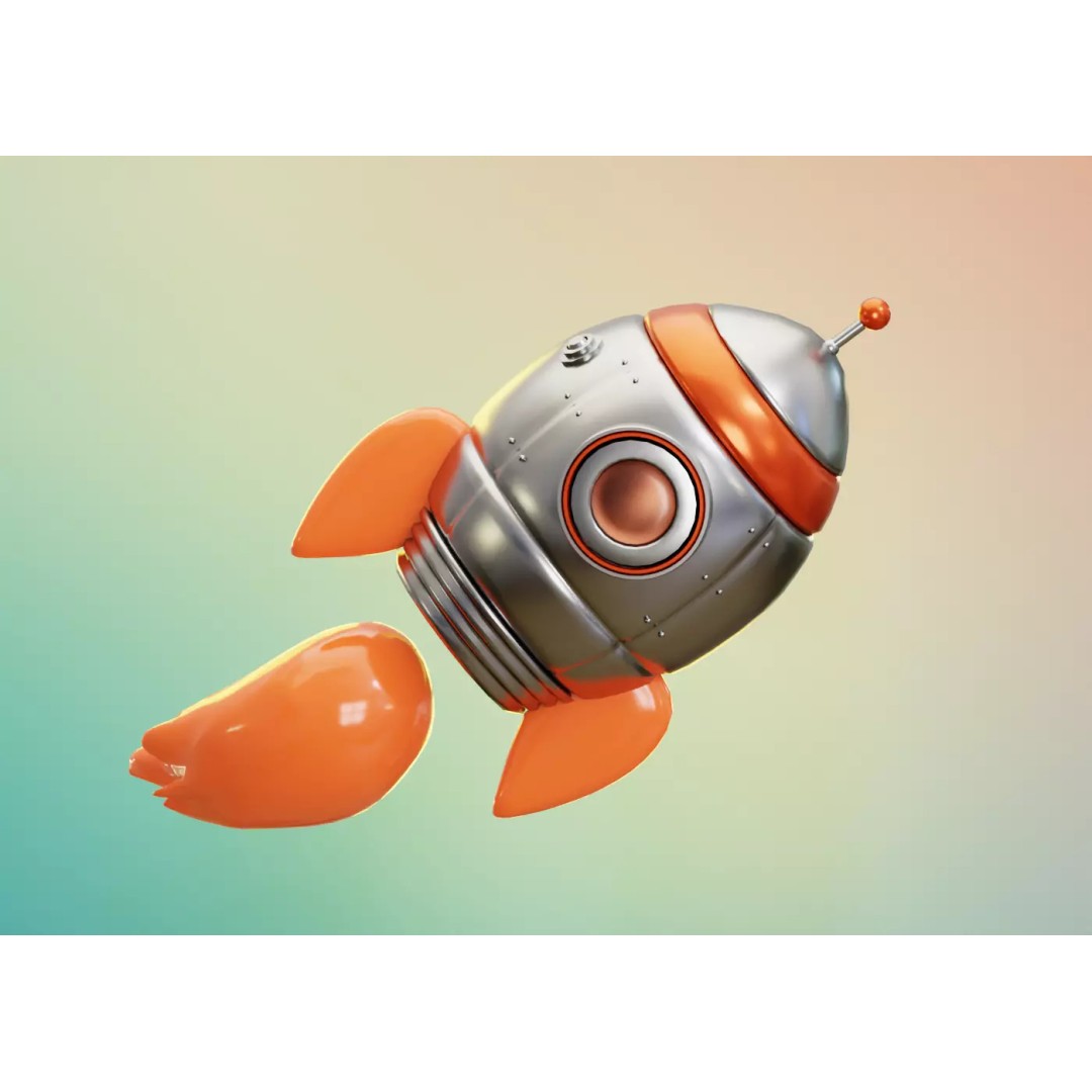 Metal Space Rocket 3D Model – Low Poly Cartoon Spaceship, FBX, OBJ - View 2
