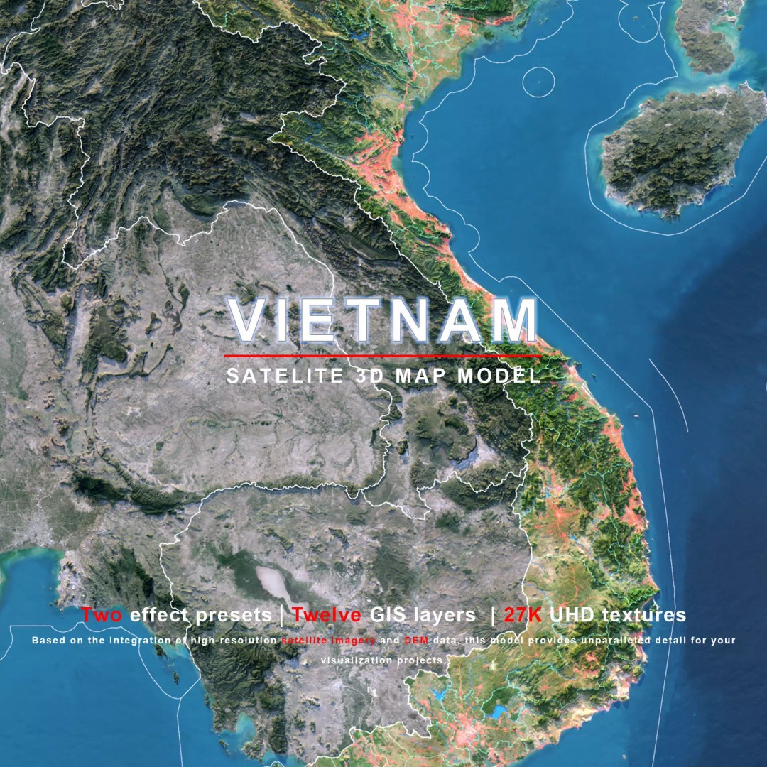Vietnam Map 3D Model – Realistic Terrain with Satellite Imagery, FBX/OBJ - View 2