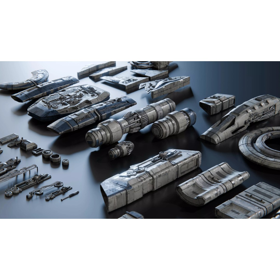 Nebula Spaceship 3D Model – Low Poly Kitbash Asset Pack, FBX - View 3