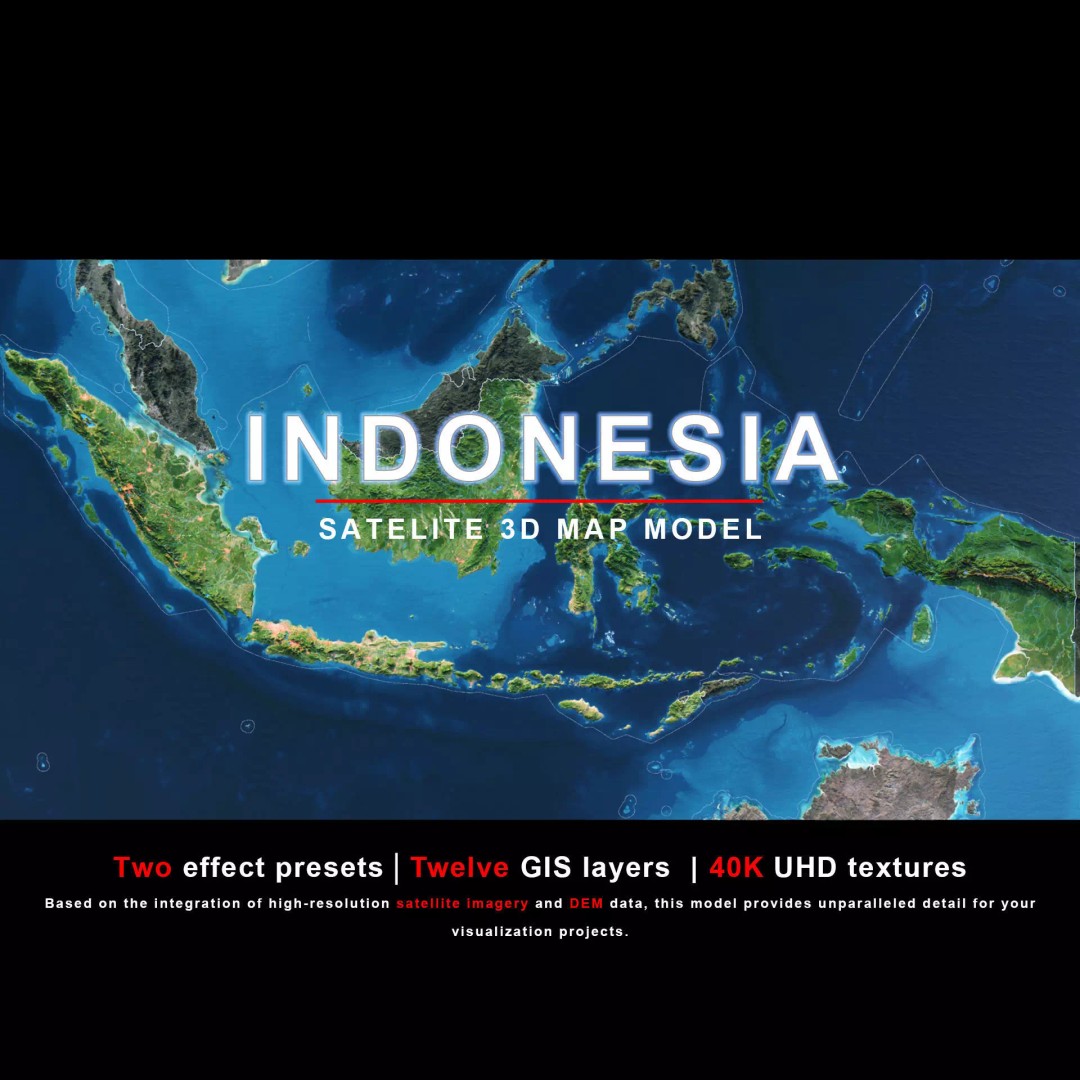 Indonesia Map 3D Model – Realistic Satellite Terrain, FBX & OBJ - View 2