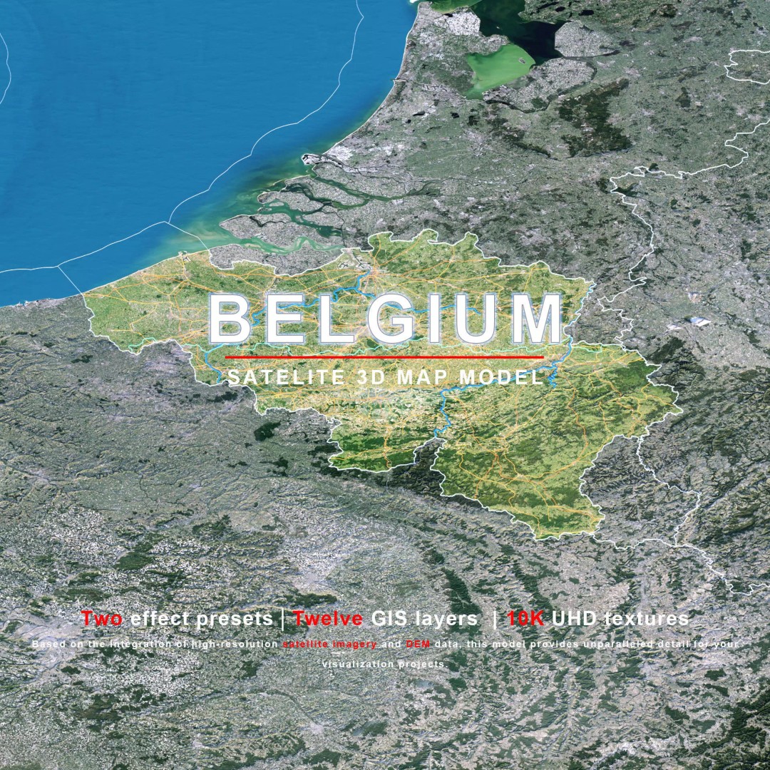 Belgium Map 3D Model – Realistic Terrain Elevation with Satellite Imagery - View 2