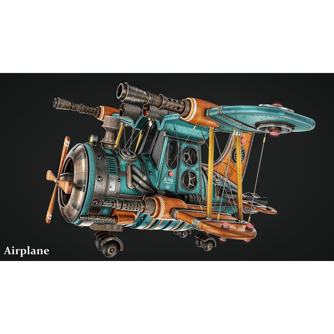 Steampunk Airplane 3D Model – High-Quality Game-Ready Asset, FBX & OBJ - View 12