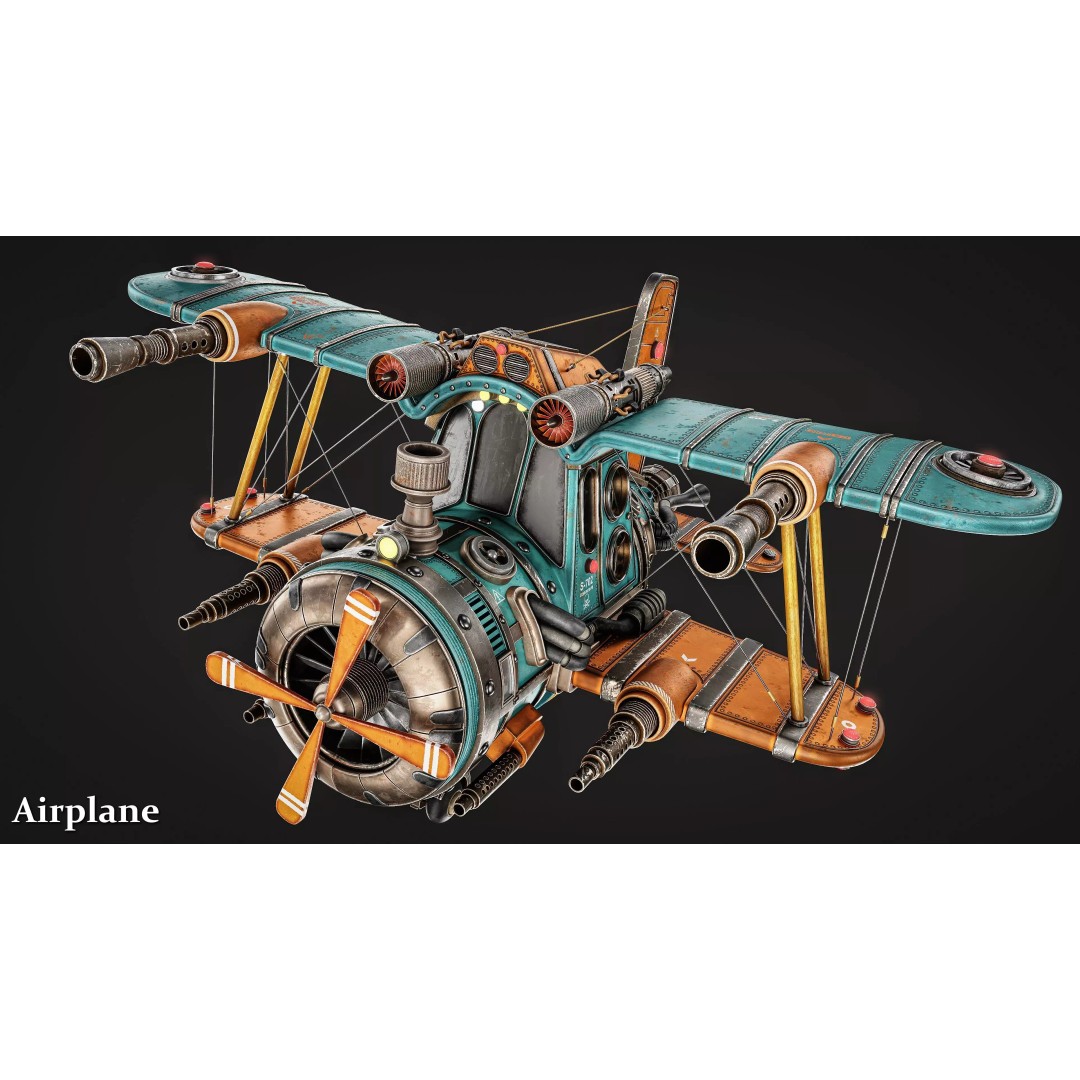 Steampunk Airplane 3D Model – High-Quality Game-Ready Asset, FBX & OBJ - View 2