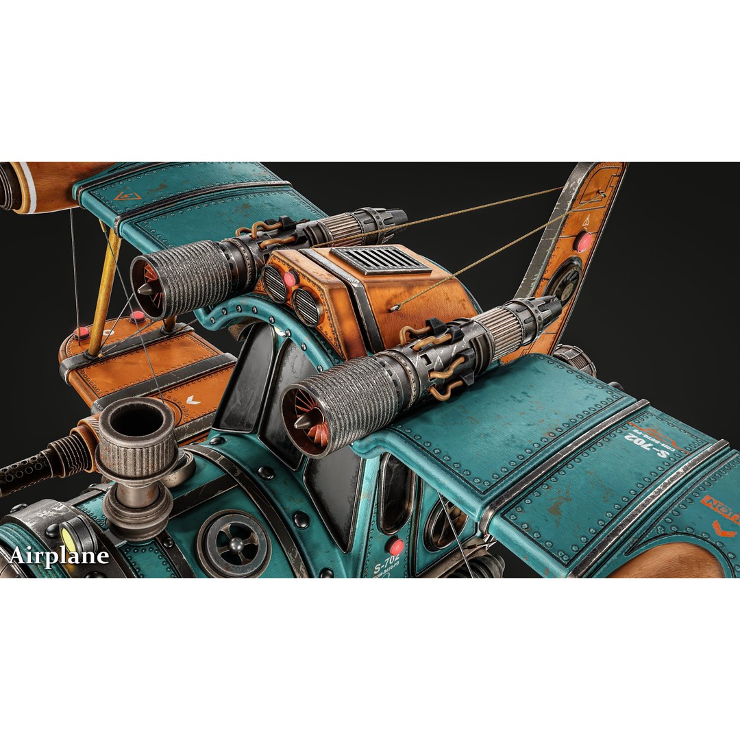 Steampunk Airplane 3D Model – High-Quality Game-Ready Asset, FBX & OBJ - View 7