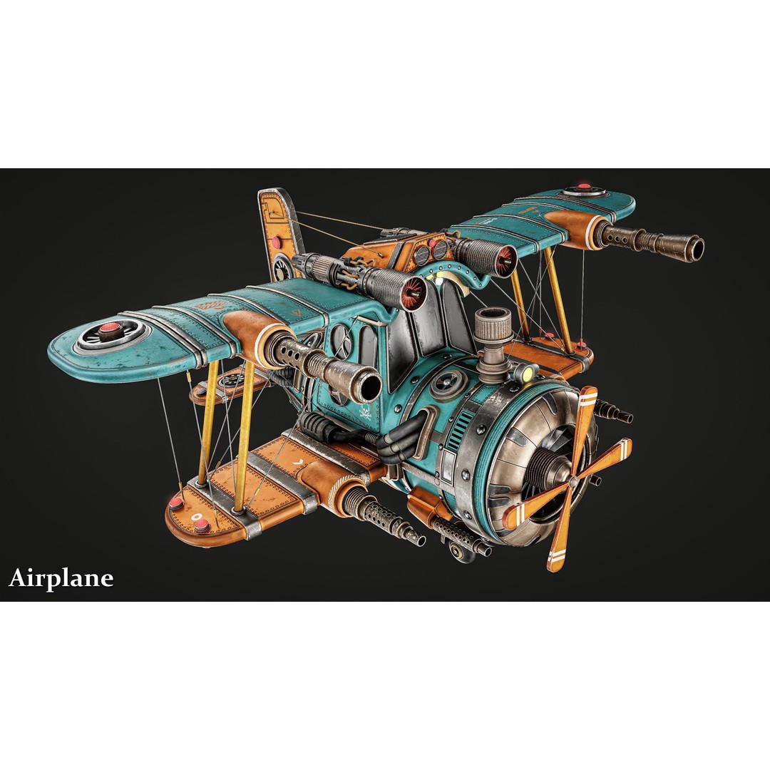 Steampunk Airplane 3D Model – High-Quality Game-Ready Asset, FBX & OBJ - View 8