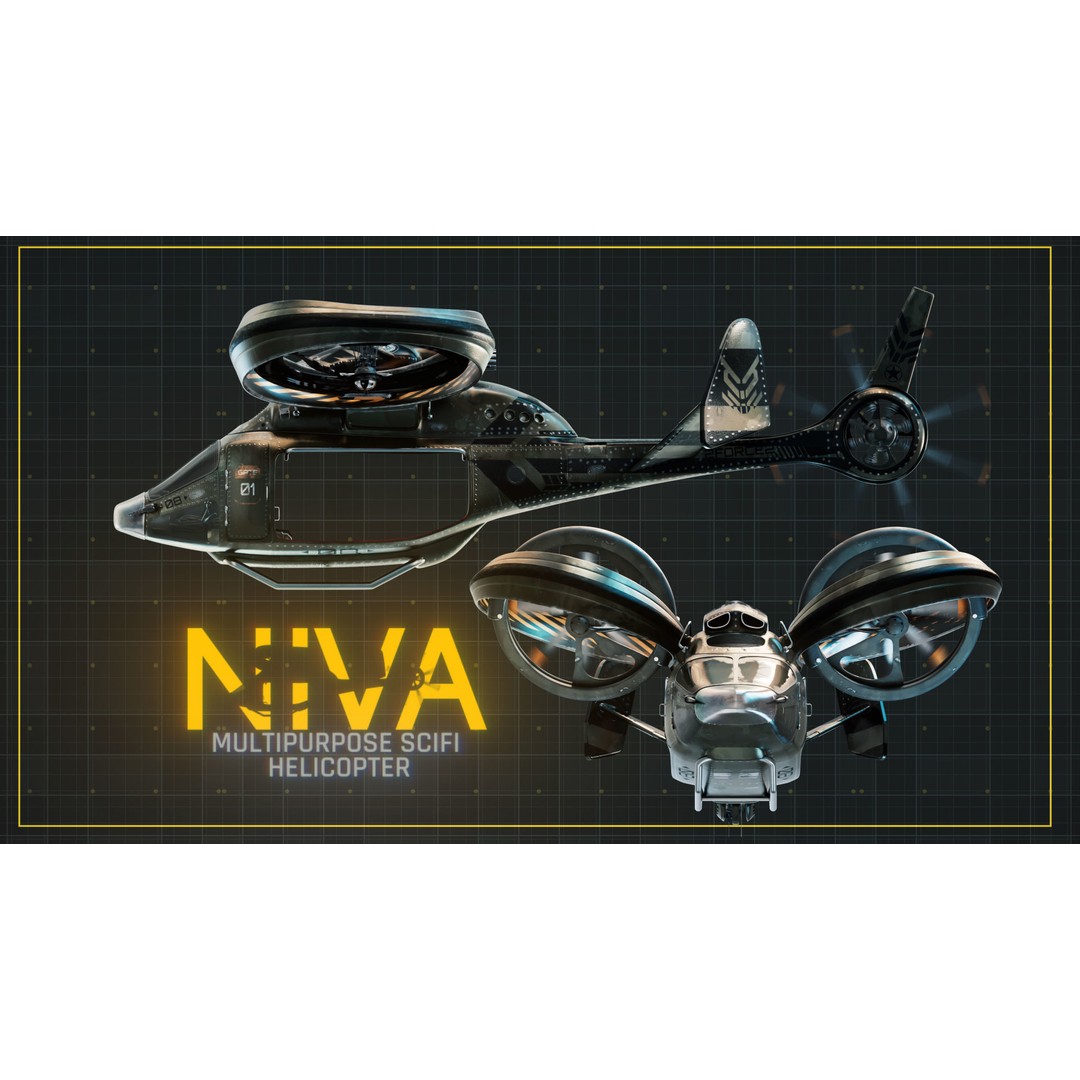 NIVA Sci Fi Helicopter 3D Model – Low Poly Rigged Game Asset, FBX - View 3