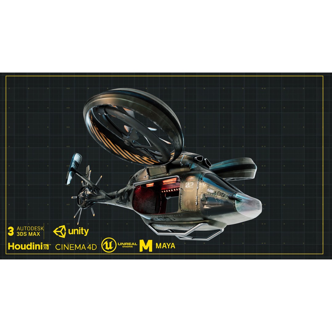 NIVA Sci Fi Helicopter 3D Model – Low Poly Rigged Game Asset, FBX - View 4