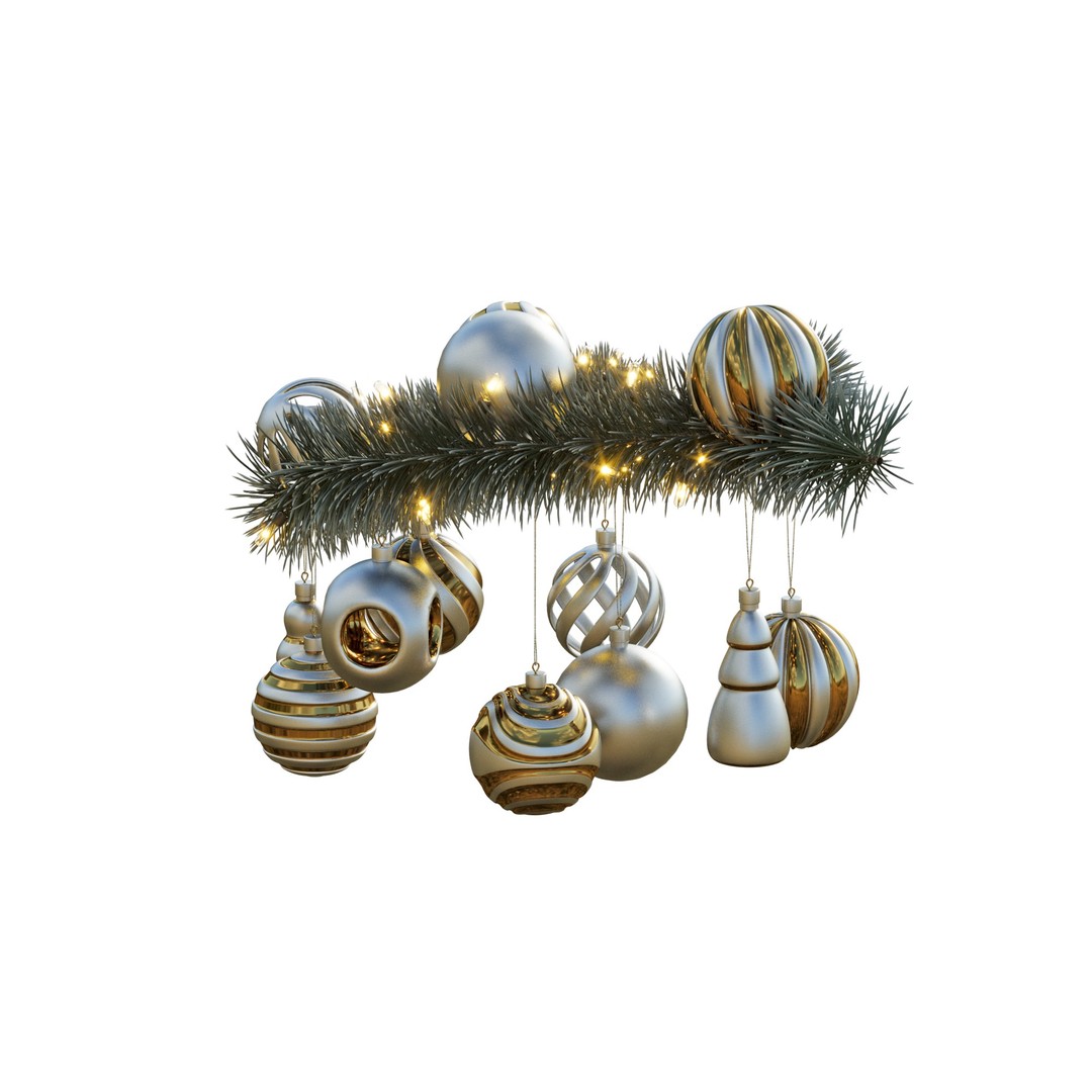 Christmas Tree Pine Branch 3D Model – Realistic Decoration with Ornaments - View 10