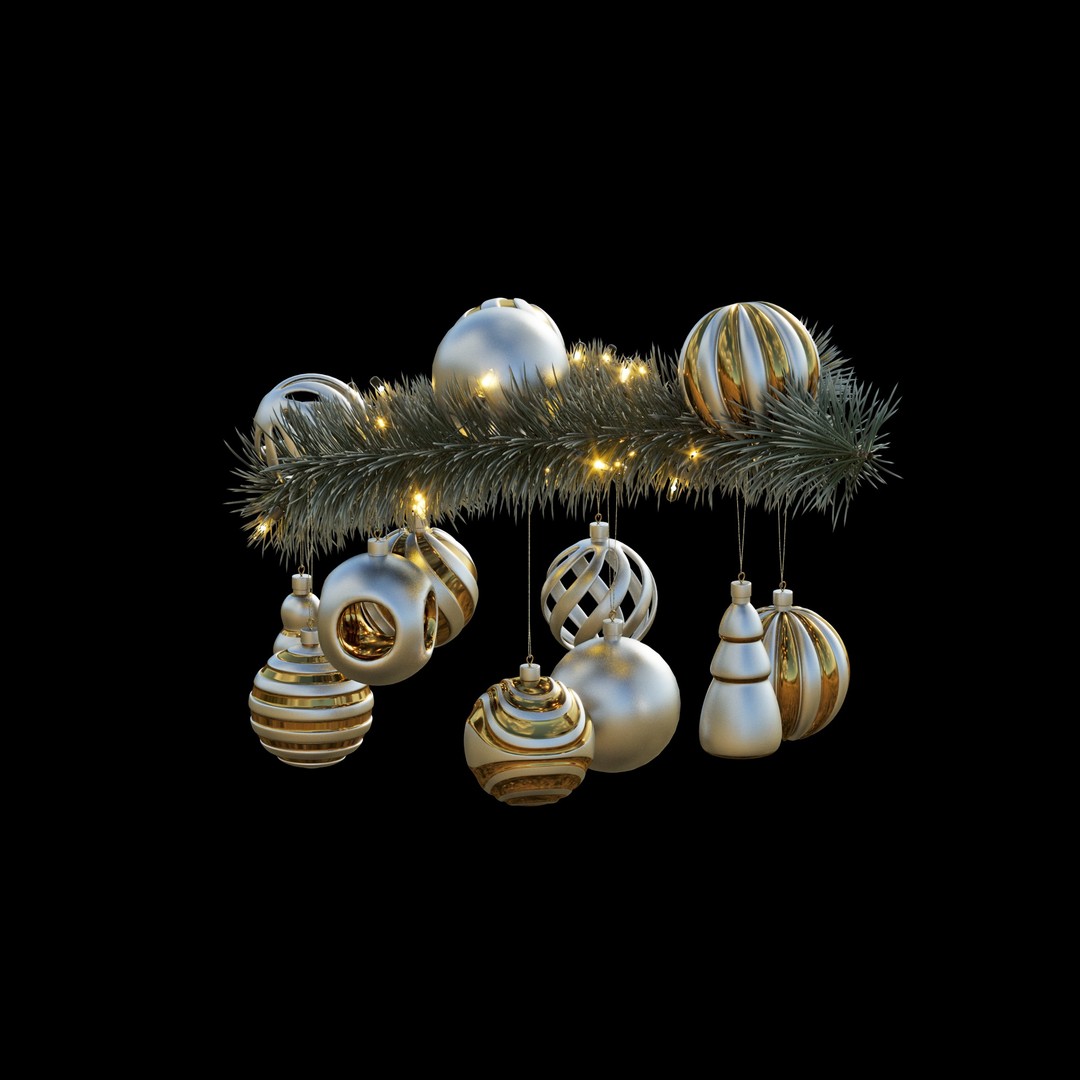 Christmas Tree Pine Branch 3D Model – Realistic Decoration with Ornaments - View 11