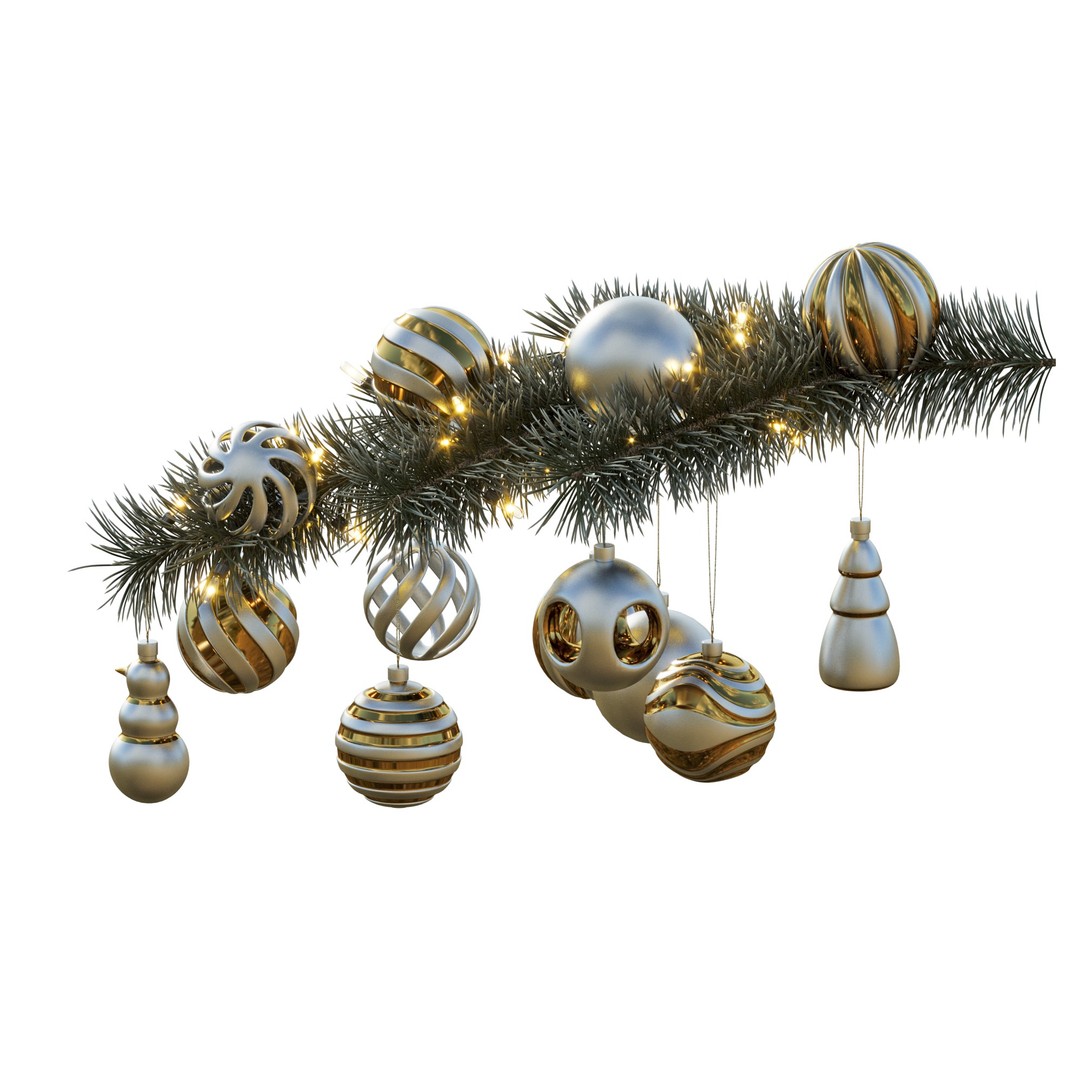 Christmas Tree Pine Branch 3D Model – Realistic Decoration with Ornaments - View 12
