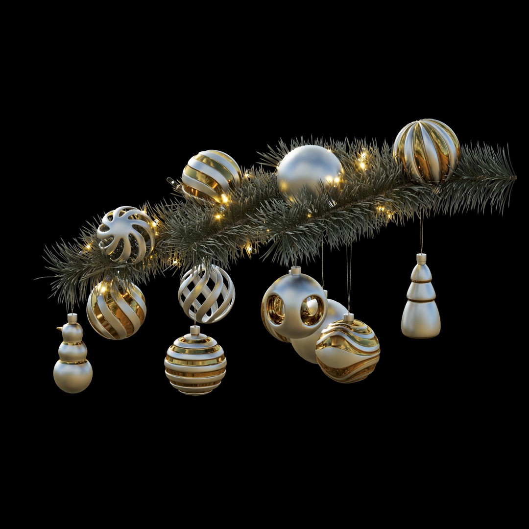 Christmas Tree Pine Branch 3D Model – Realistic Decoration with Ornaments - View 13