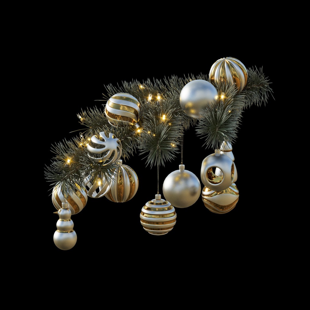 Christmas Tree Pine Branch 3D Model – Realistic Decoration with Ornaments - View 15